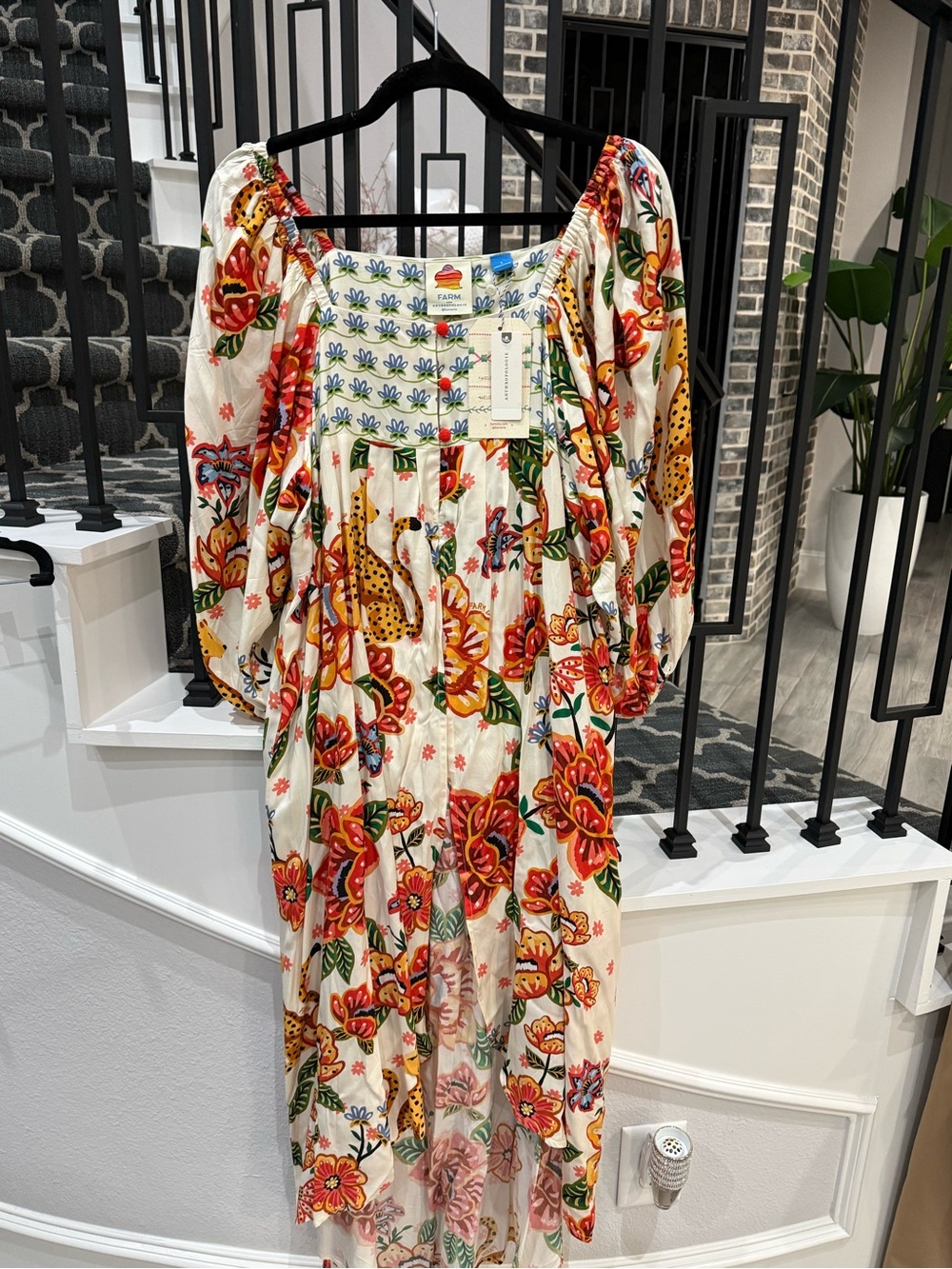 FARM Rio Cream Floral Tiered Midi Tunic with Red, Yellow & Green